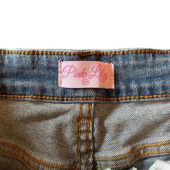 Pink Lily High Waisted Medium Wash Distressed Wide Leg Jeans Size 29 0634W - Picture 12 of 13